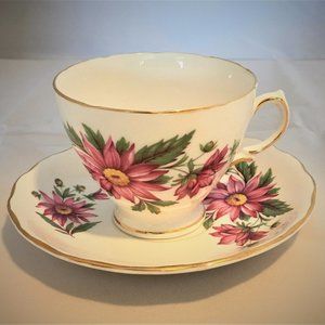 Royal Vale Fine Bone China Teacup and Saucer England Pink Green Floral
